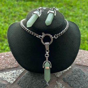 SET ! Genuine adventurine bullet necklace + earrings (stainless steel necklace)